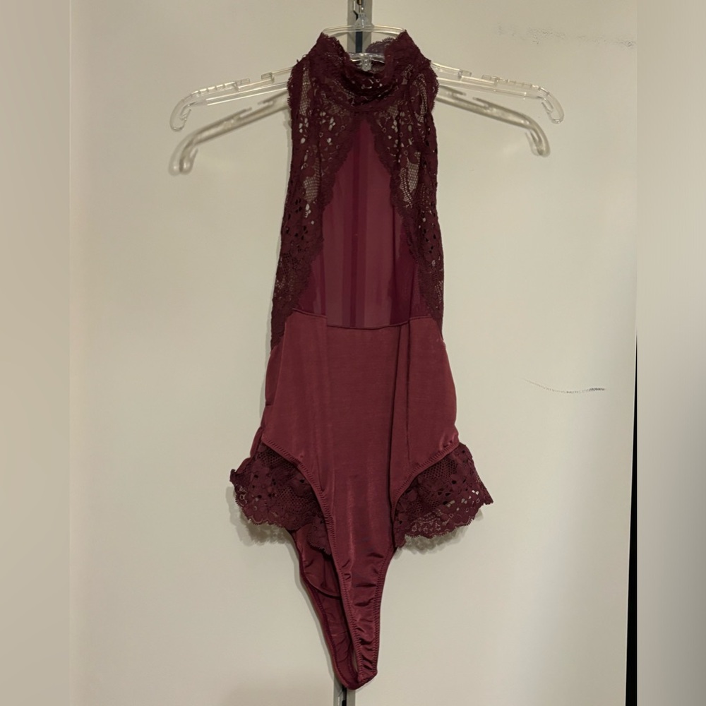 Burgundy Lace Halter Bodysuit